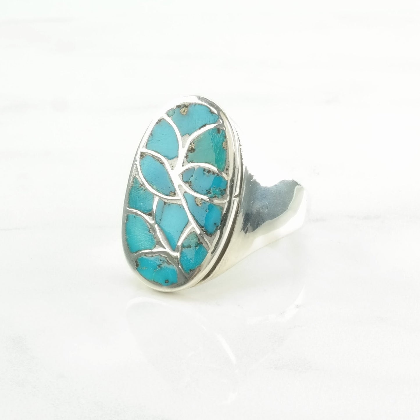 Southwest Silver Ring Turquoise Inlay, Fishscale Sterling Blue Size 11 1/4