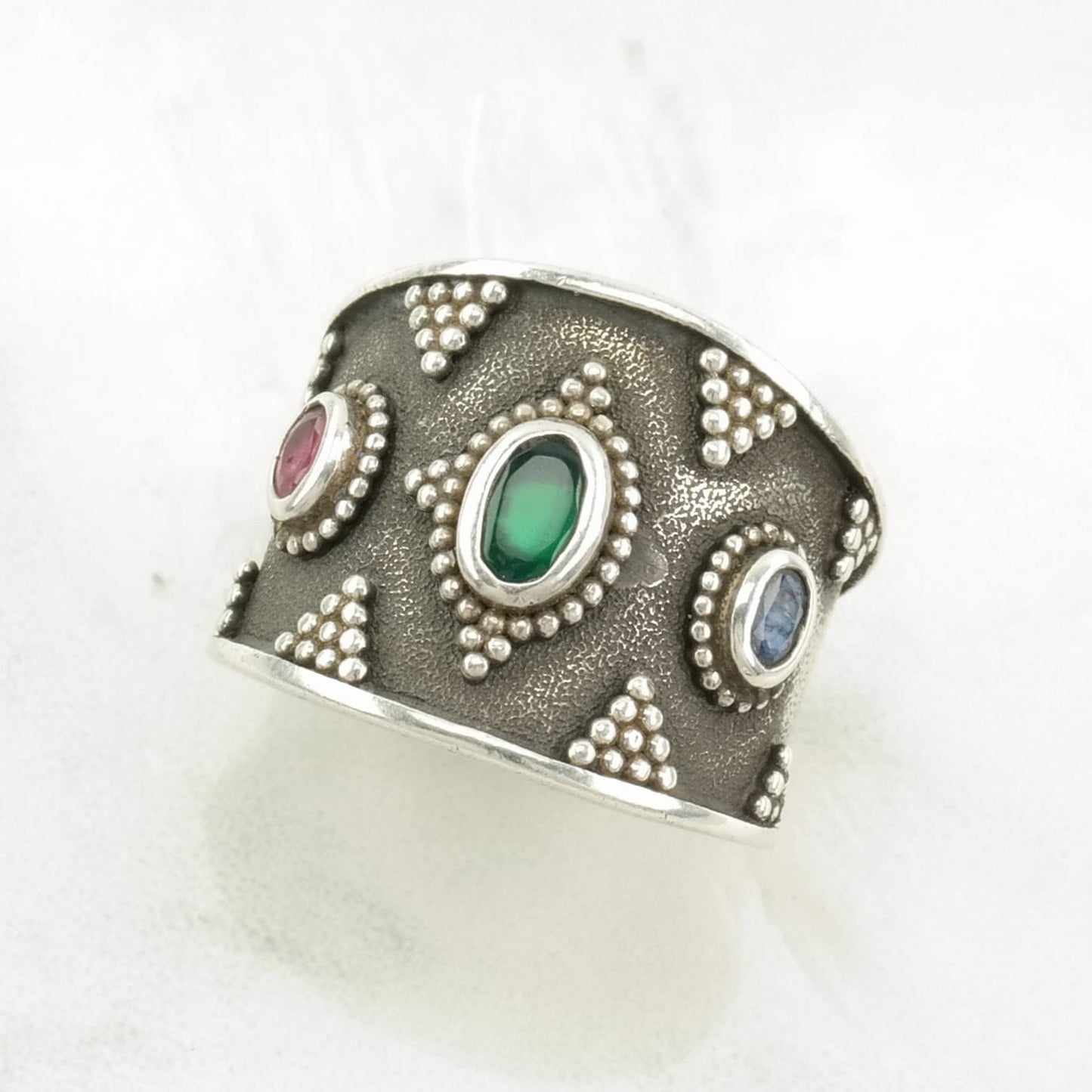 Vintage Sterling Silver Ring Sapphire, Ruby, Chrysoprase Cluster, Overlay Size 7 1/2