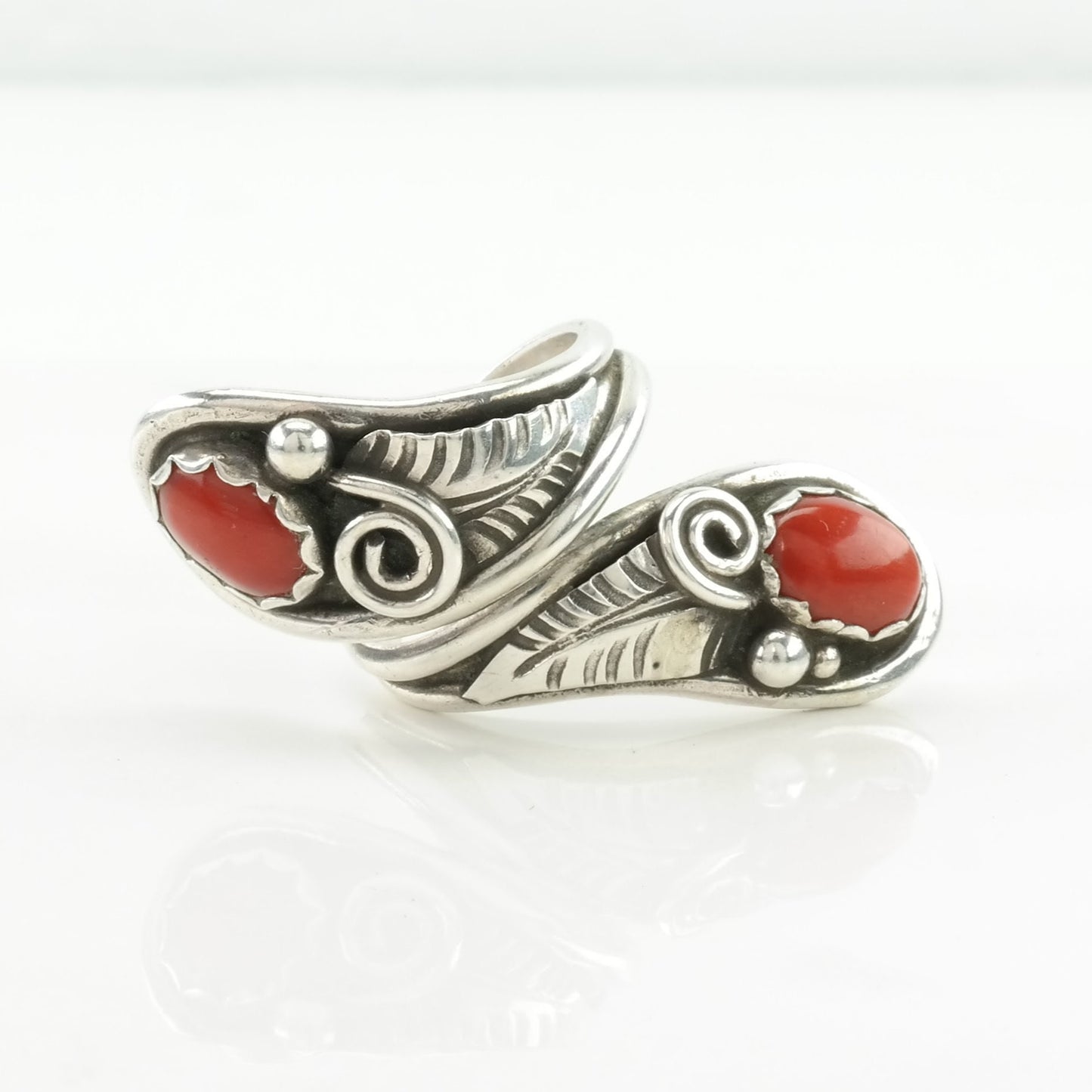 Native American Coral Ring Bypass Sterling Silver