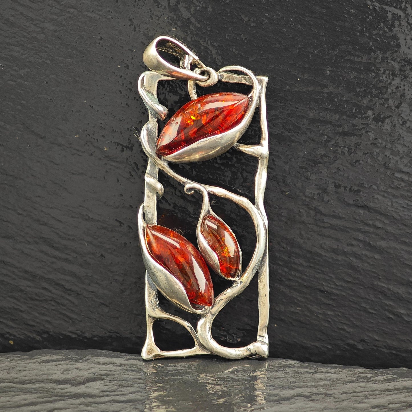 Art Nouveau Style Amber, Floral Pendant Sterling Silver