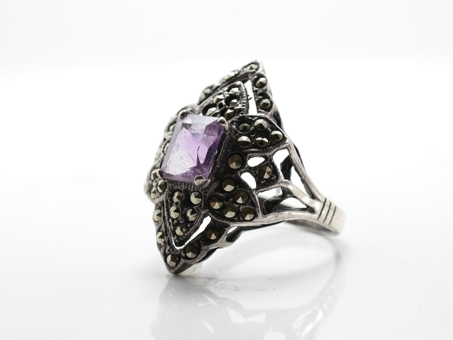 Sterling Silver Ring Amethyst Marcasite Size 10