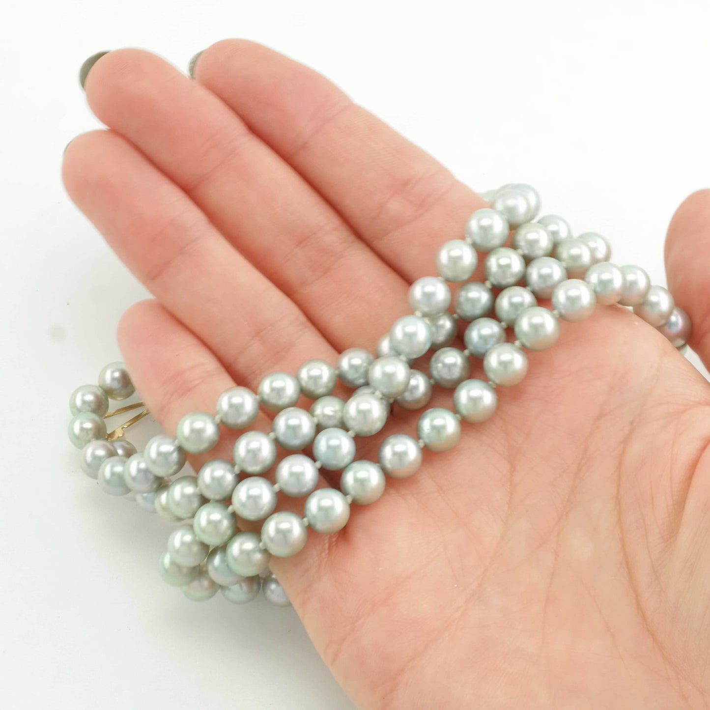 Grayish Blue Saltwater Pearl Necklace, 6mm Cultured Pearls, 26" Long, 14K Gold Clasp, Iridescent Luster