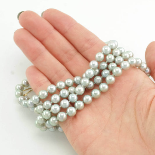 Grayish Blue Saltwater Pearl Necklace, 6mm Cultured Pearls, 26" Long, 14K Gold Clasp, Iridescent Luster