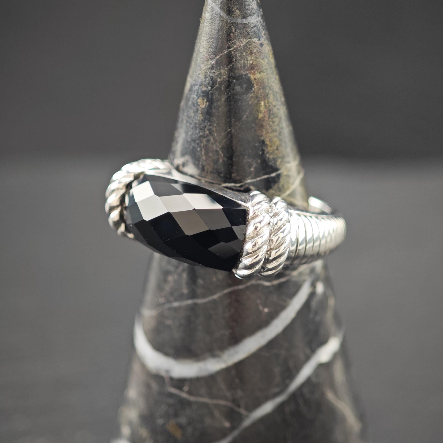 Judith Ripka Faceted Black Onyx Ring Sterling Silver Sz 9