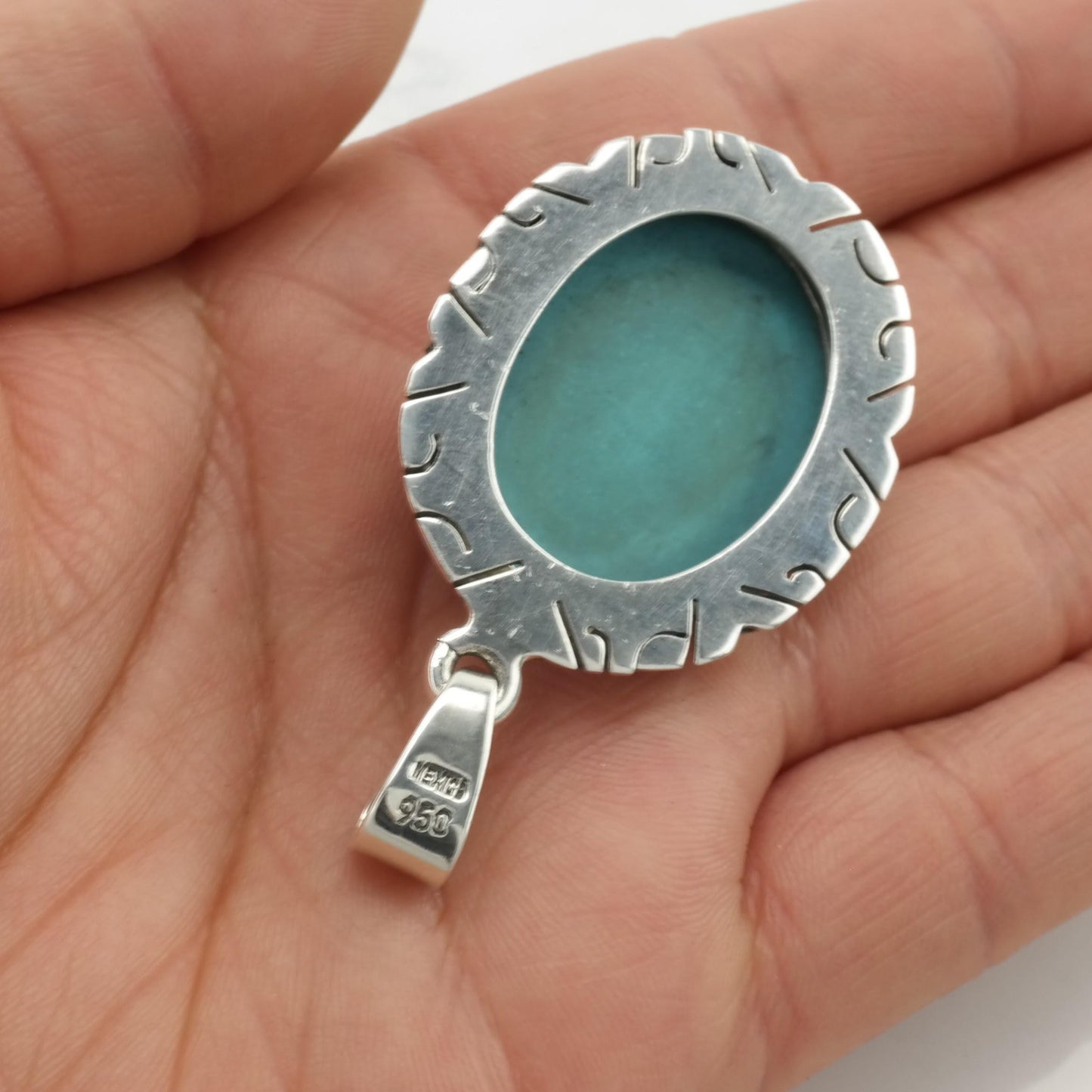 Sw Block Turquoise Oval Sterling Silver Pendant P2652