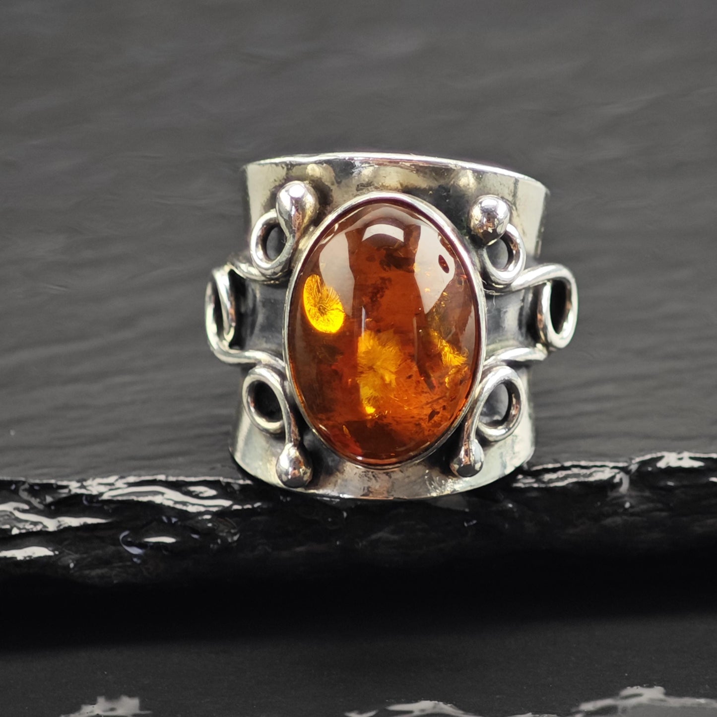 Large Amber Modernist Sterling Silver Ring Sz 6 3/4 R6727