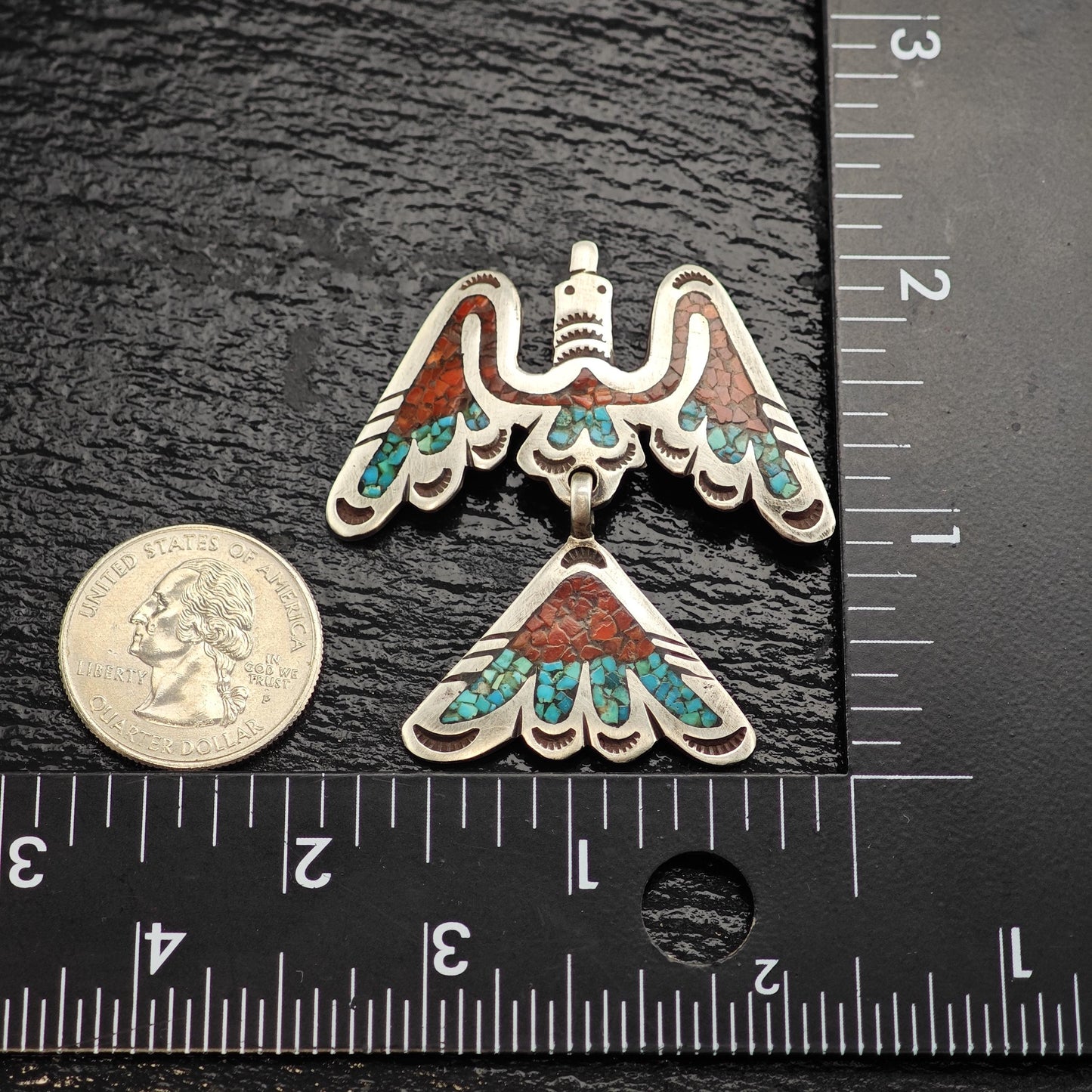 Native American Coral, Turquoise Inlay Thunderbird Pendant/Brooch, Sterling Silver P3020