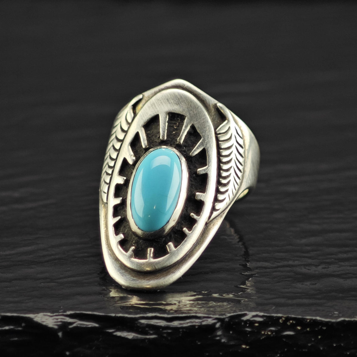 Vintage Ben Nighthorse Turquoise Feather Detail Sterling Silver Ring Sz 8 R6882