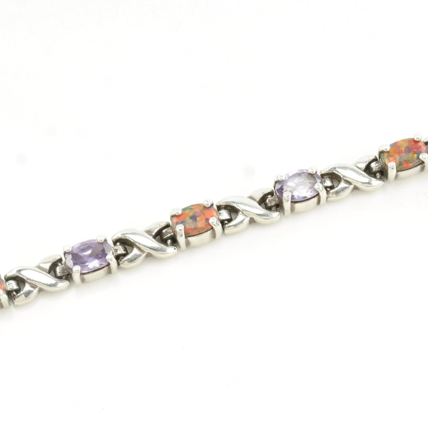 Vintage Sterling Silver Line Bracelet Black, Purple Lab Opal, Amethyst Twisted