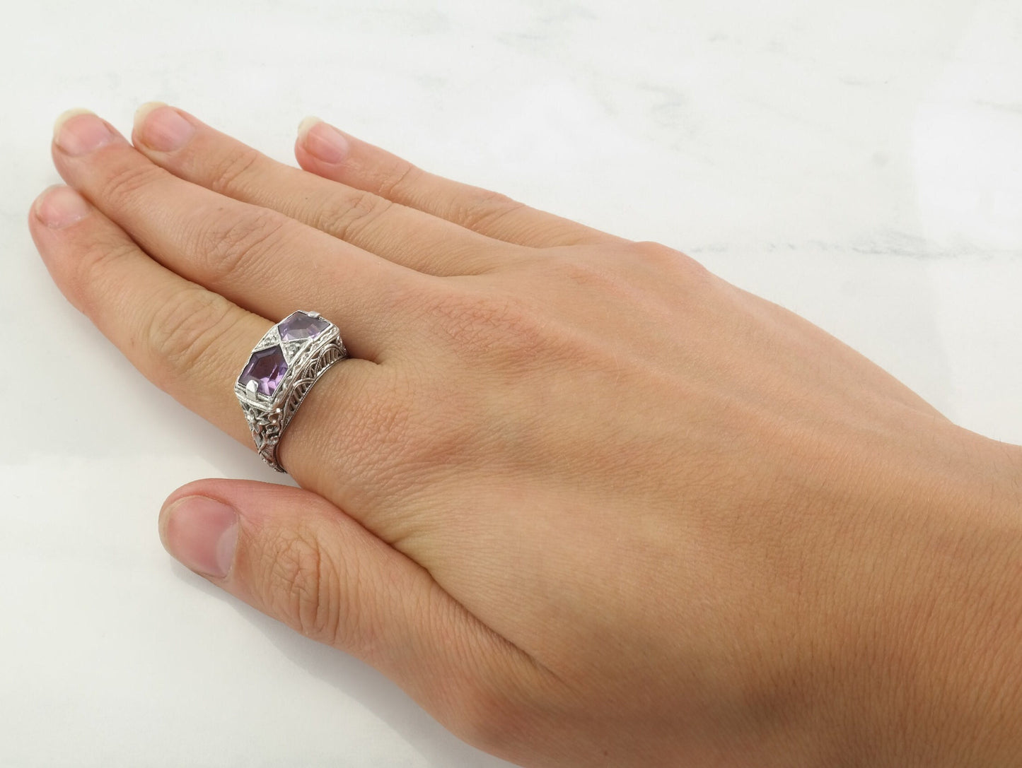 Sterling Silver Ring Double Amethyst, Gemstone, Floral, Filigree Size 6 3/4