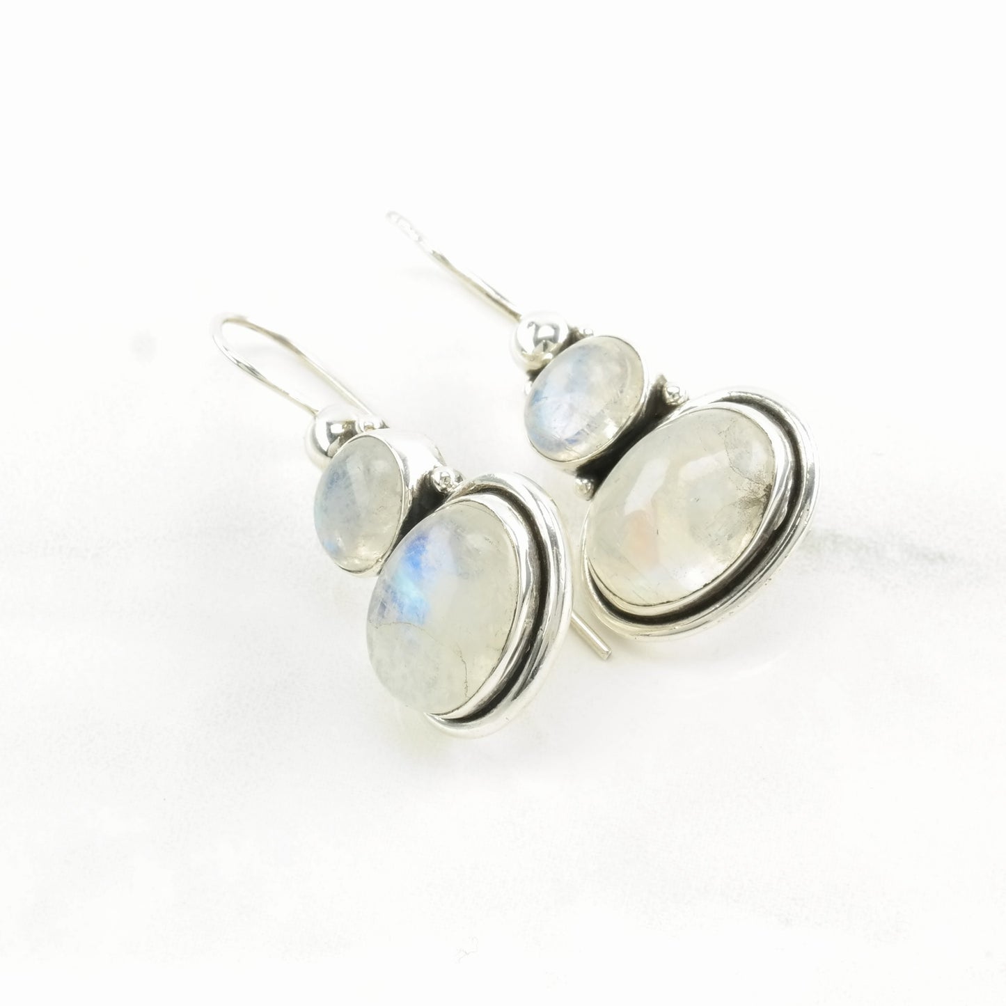 Sterling Silver Iridescent Moonstone Stacked Stone Earrings Fish hook