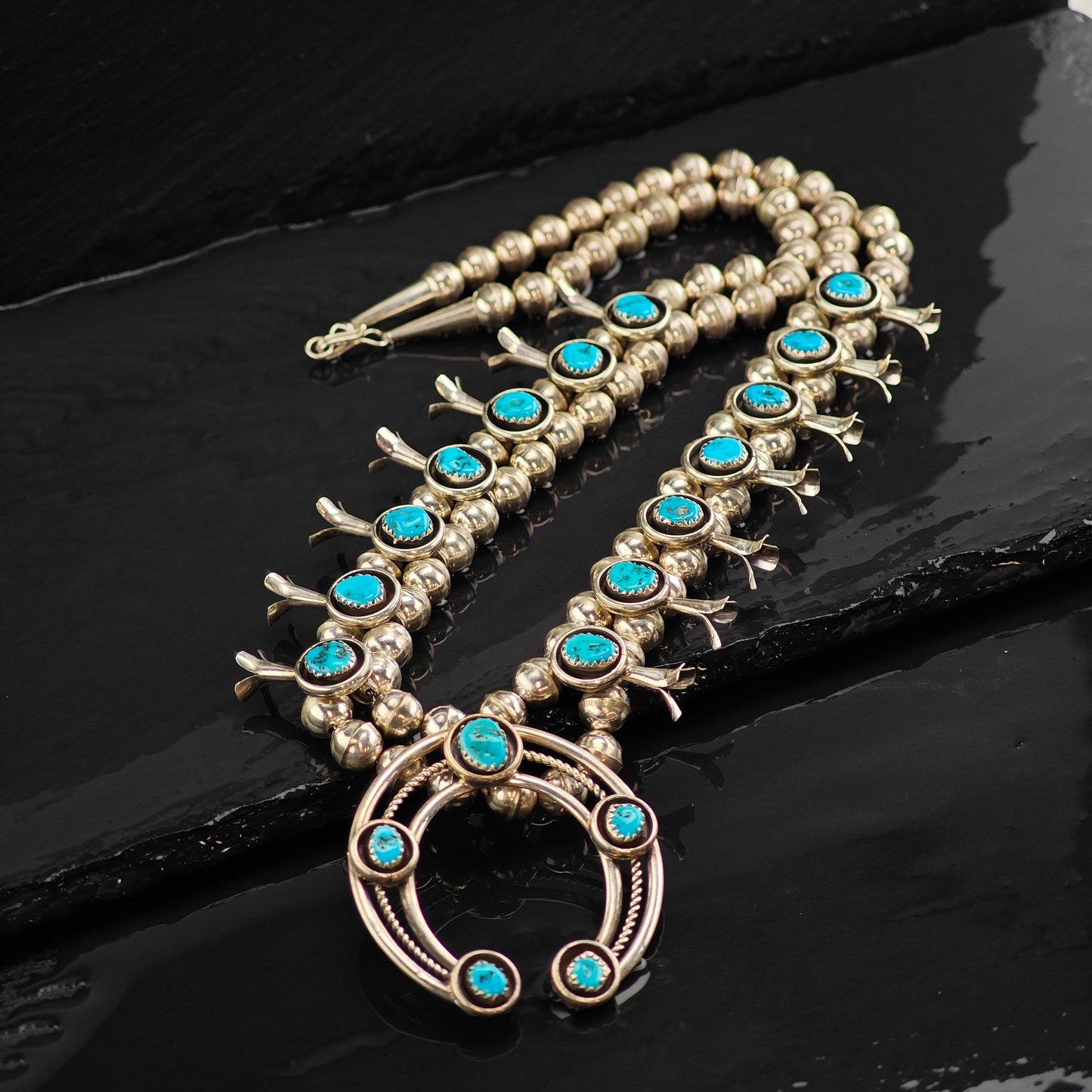 Vintage Native American Turquoise Sterling Silver Squash Blossom Necklace N2721