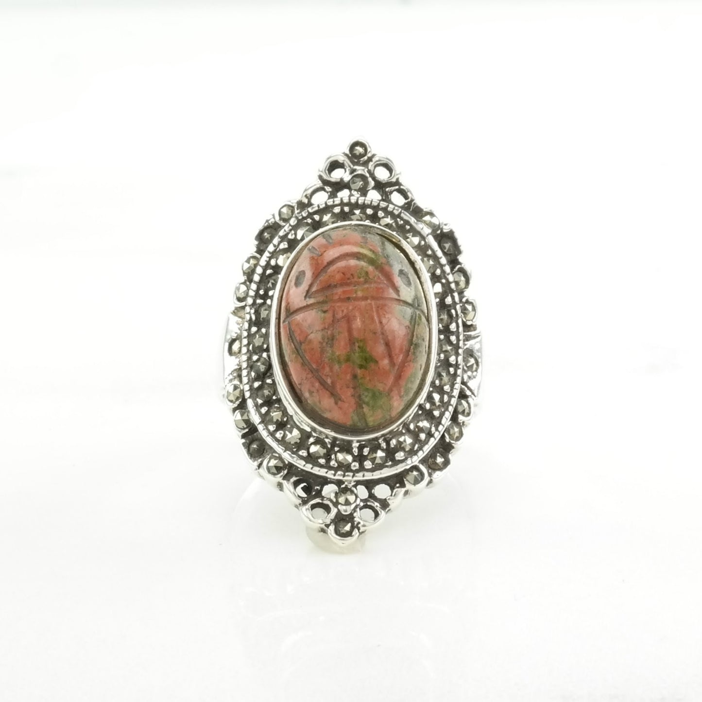 Sterling Silver Ring Scarab Carved Stone Red, Green Size 7 1/4