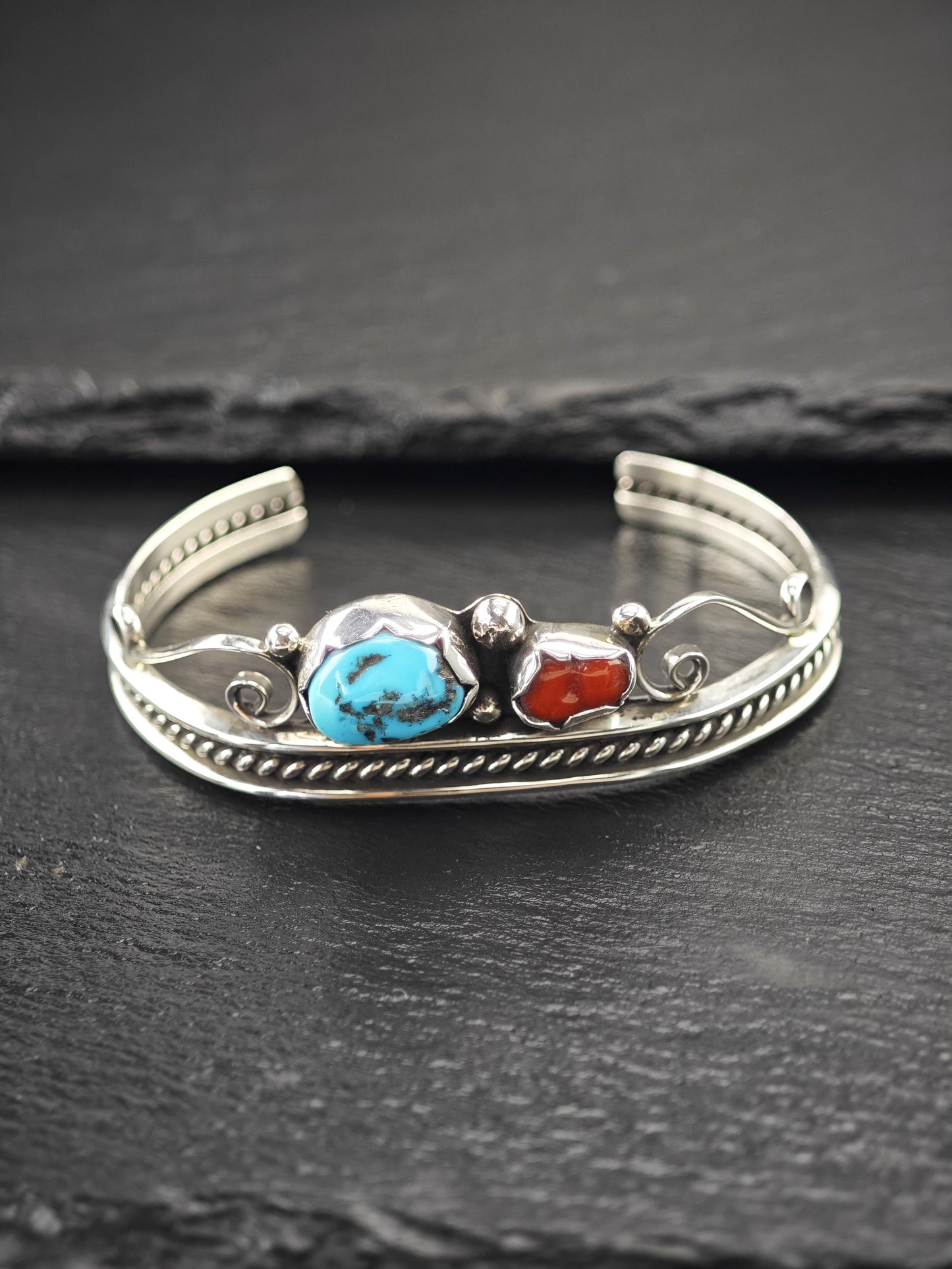 Navajo, Native American Turquoise, Coral Cuff Bracelet Sterling Silver