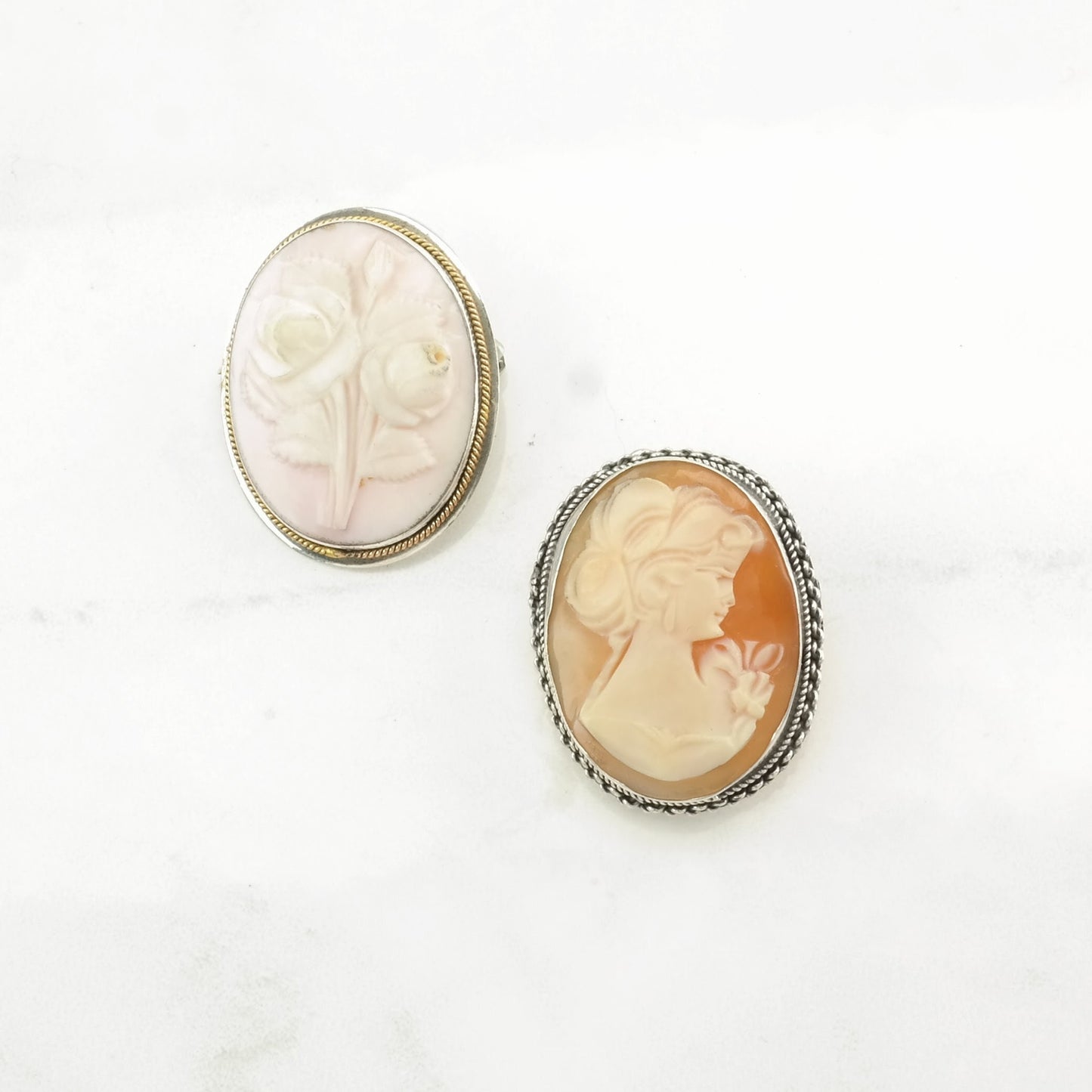 Choice of Vintage Pink, Orange Silver Brooch Portrait, Roses Cameo Sterling