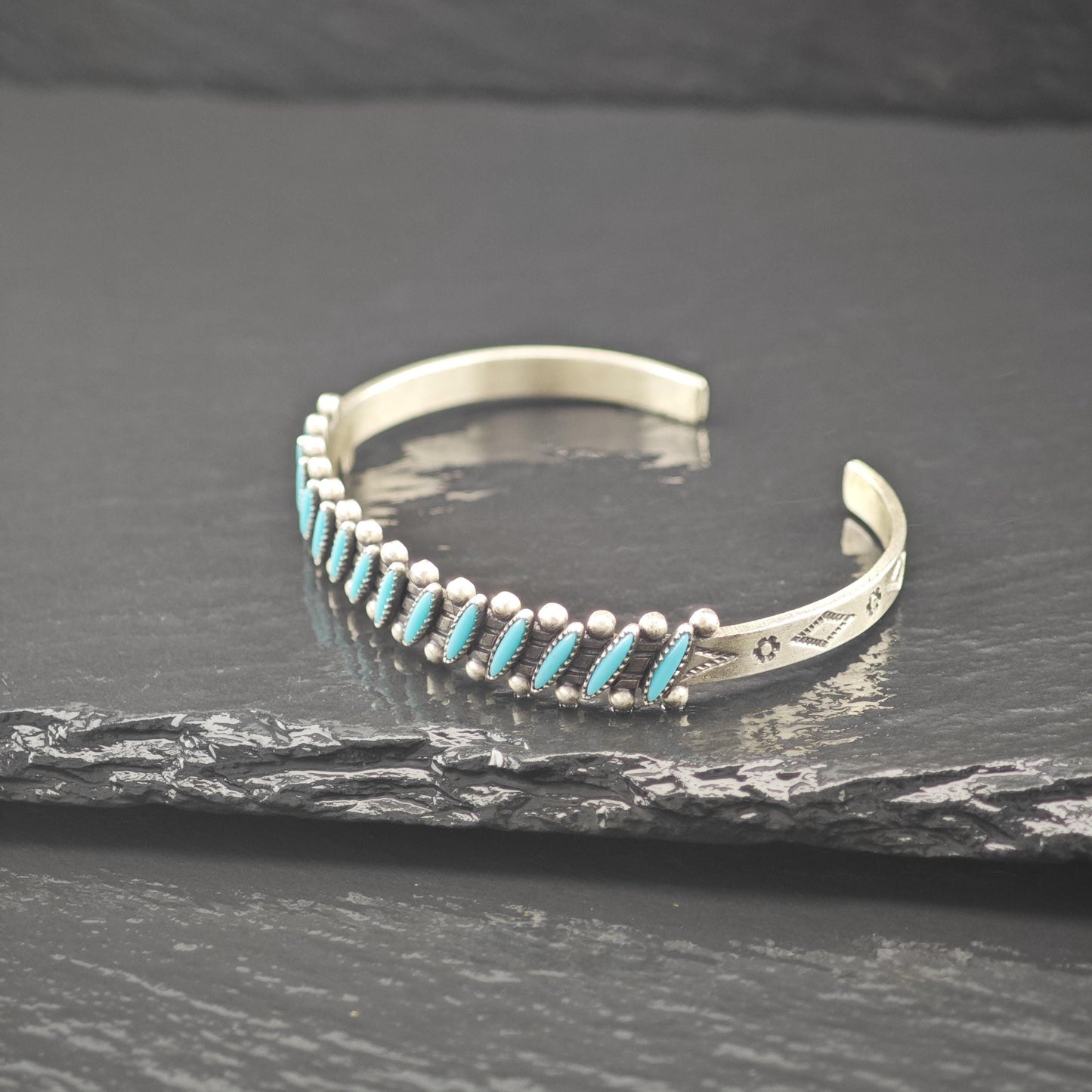 Sterling Silver Fred Harvey Era Block Turquoise Cluster Cuff Bracelet
