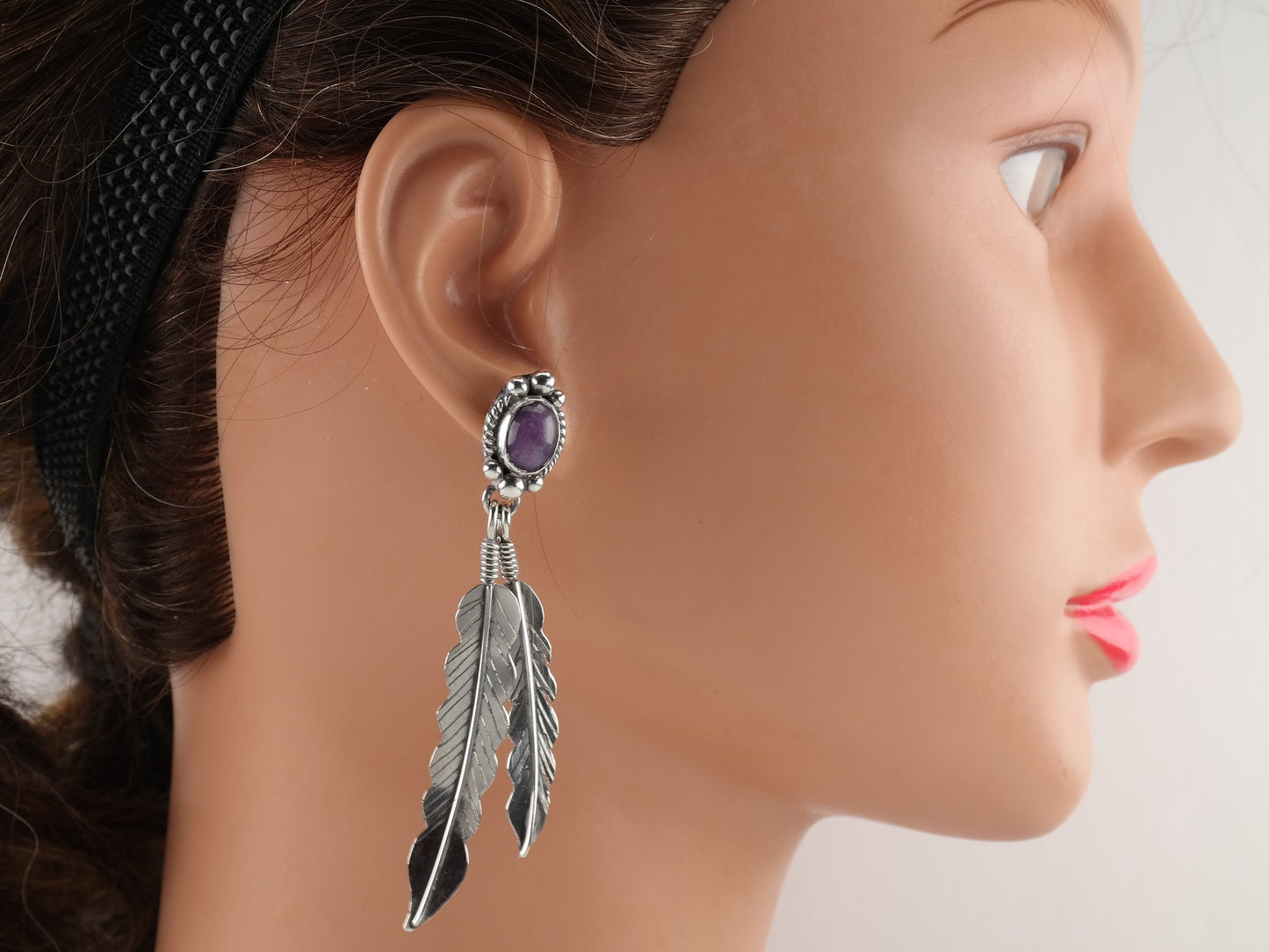 Southwest Sterling Silver Purple Sugilite Feather Earrings