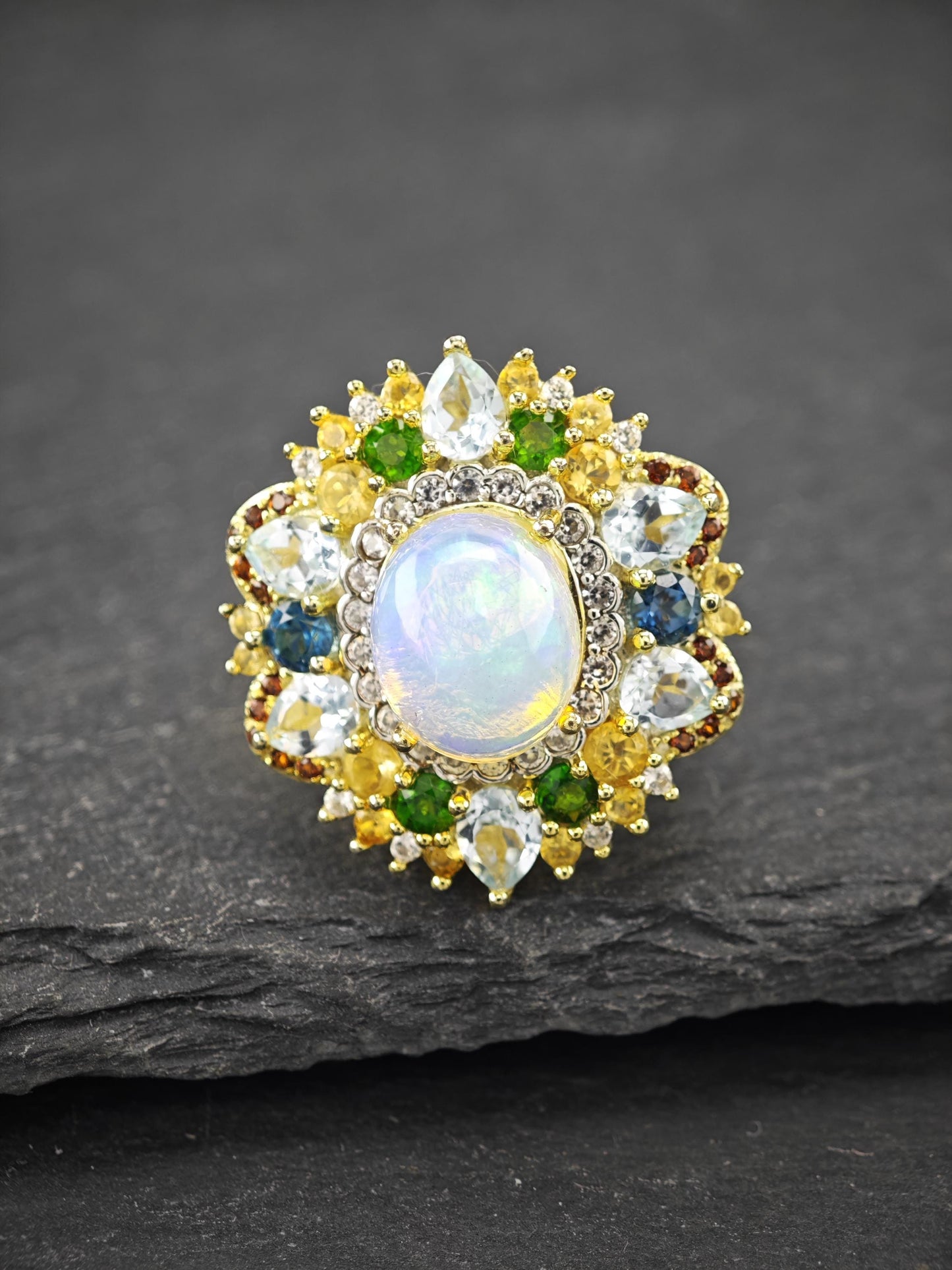 Vintage Multi-stone, Topaz, Opal Ring Sterling Silver