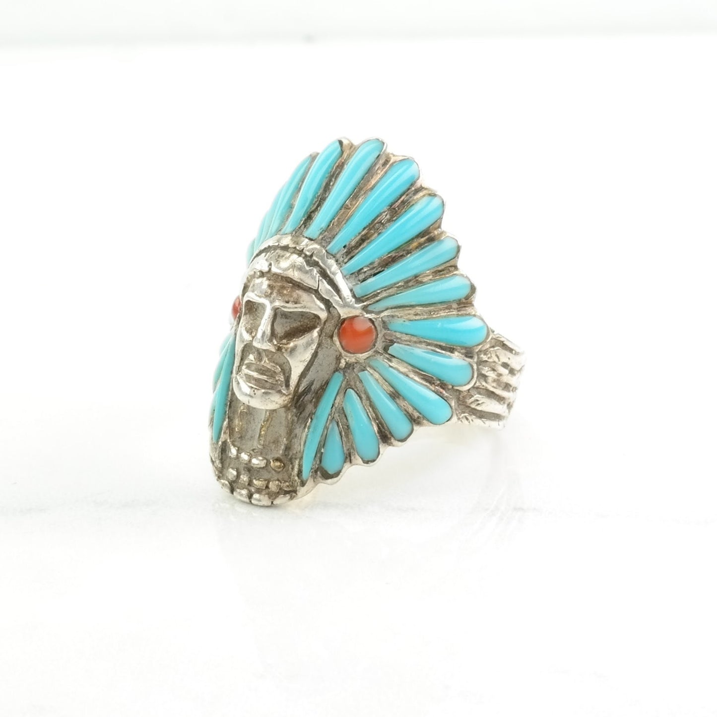 Biker Silver Ring Created Turquoise, Created Coral Headdress, Chief Sterling Blue, Red Size 11 3/4