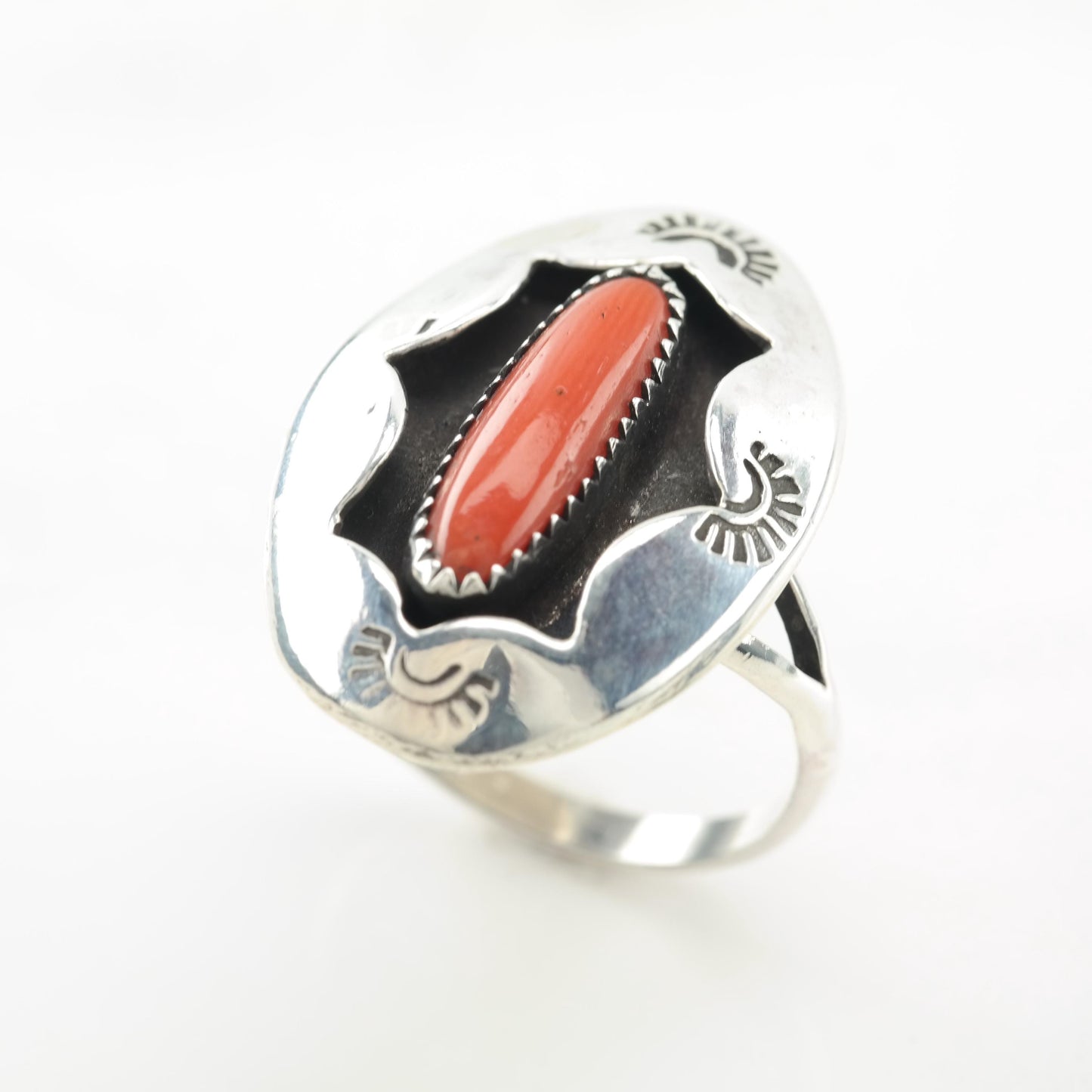 Coral Shadow Box Native American Silver Ring Sterling Size 9 1/2