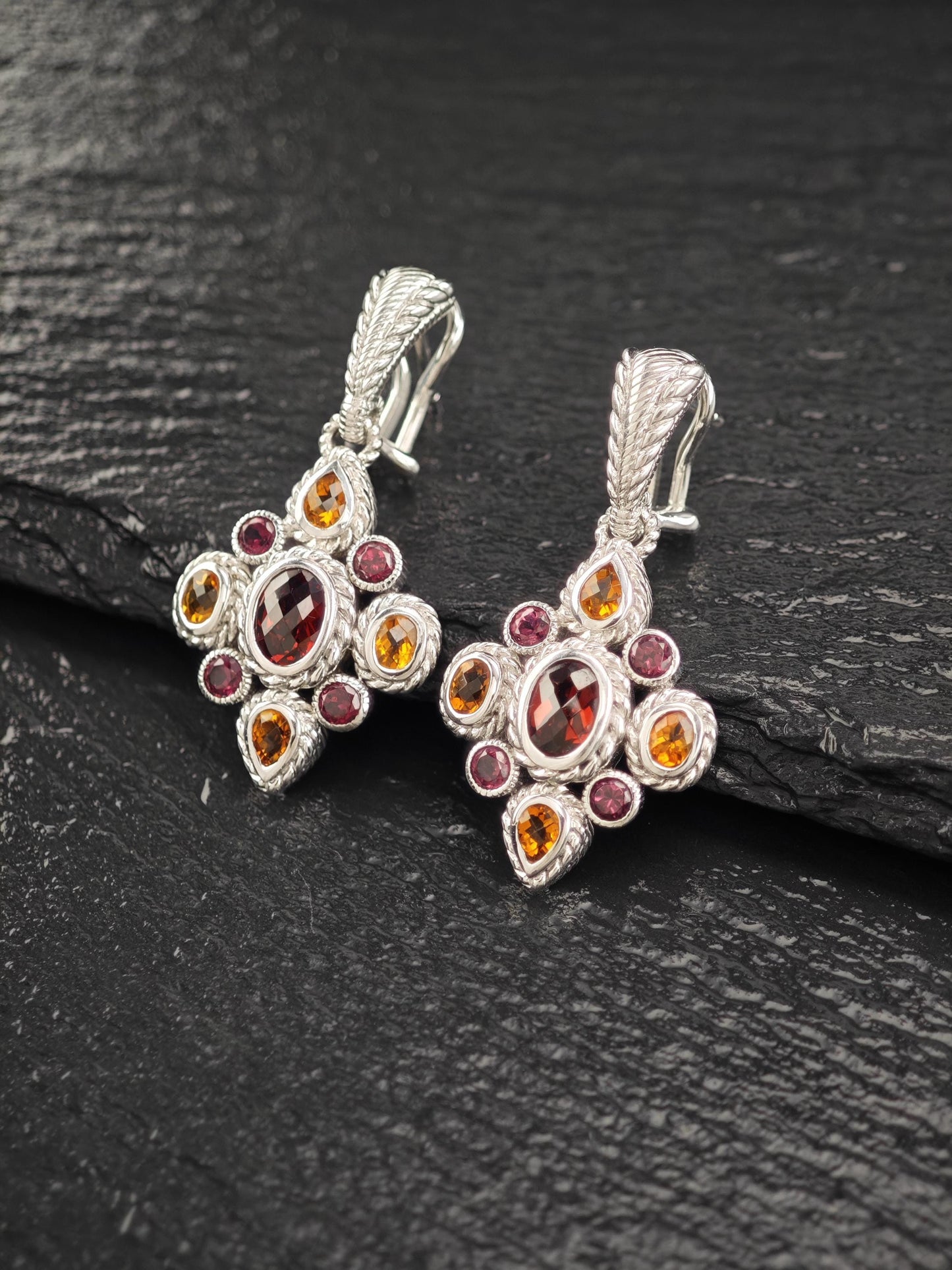 Judith Ripka Garnet Citrine Floral Sterling Silver Omega Back Earrings