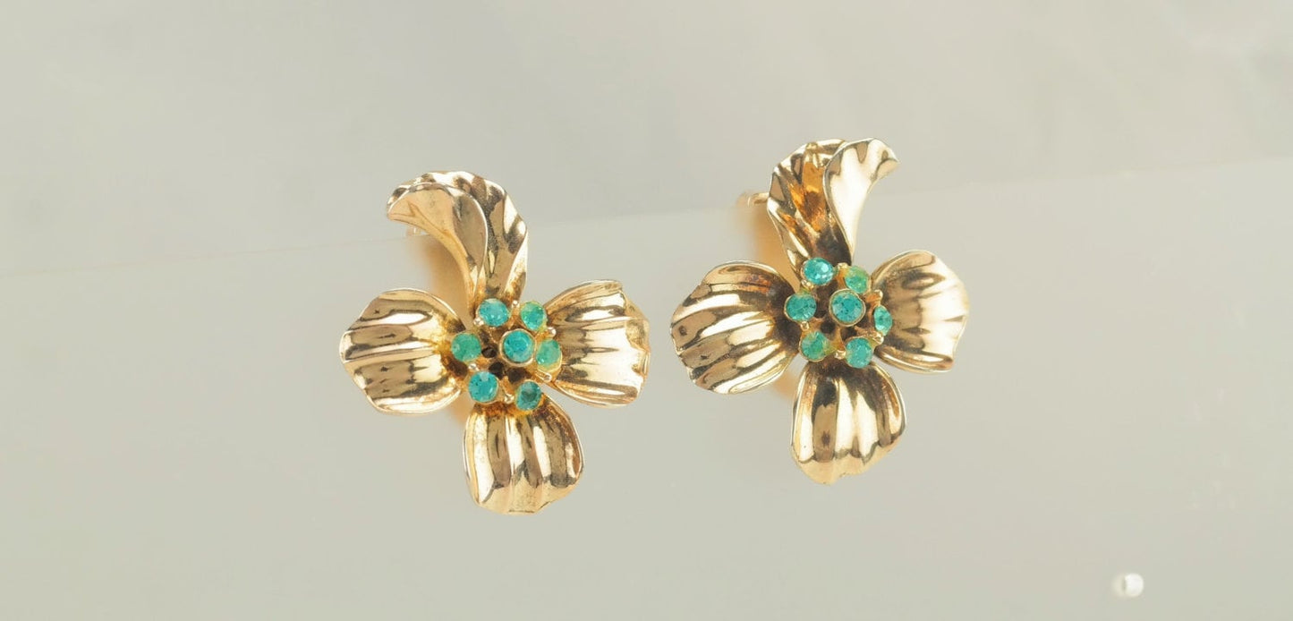 Sterling Silver, Gold Plated Blue CZ Flower Clip On Earrings