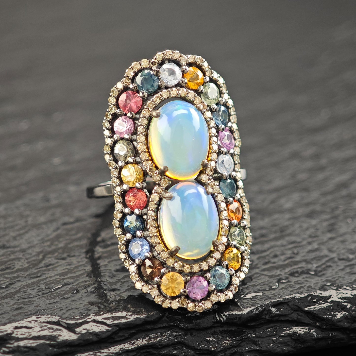 Opal Diamond Ring with Sapphire Accents in Oxidized Sterling Silver R5804
