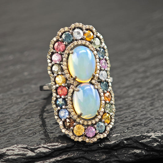 Opal Diamond Ring with Sapphire Accents in Oxidized Sterling Silver R5804