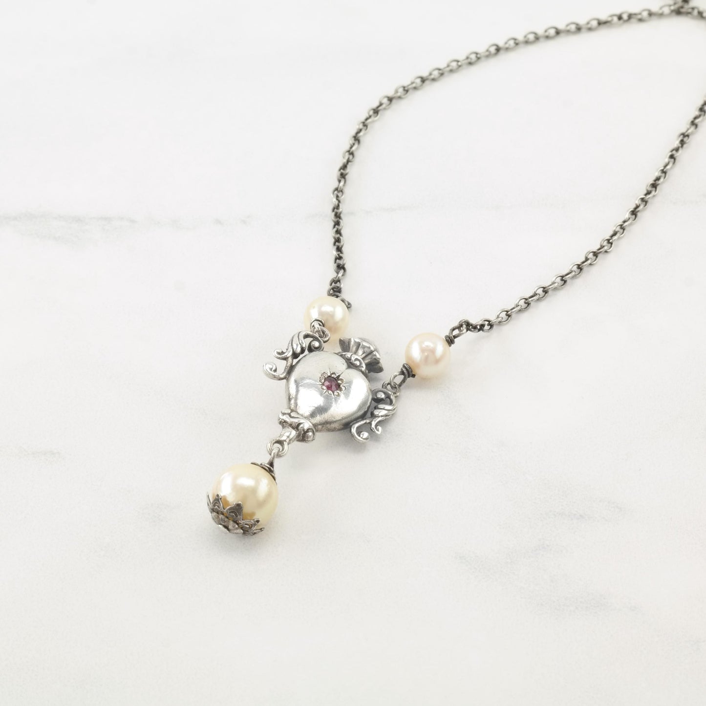 Vintage Art Novaue Natural Pearl, Rose Cut Ruby Urn Sterling Silver Necklace N2377