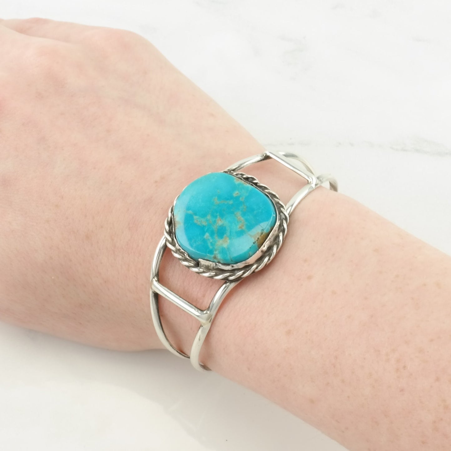 Southwest Sterling Silver Cuff Bracelet Blue Turquoise Rope Detail