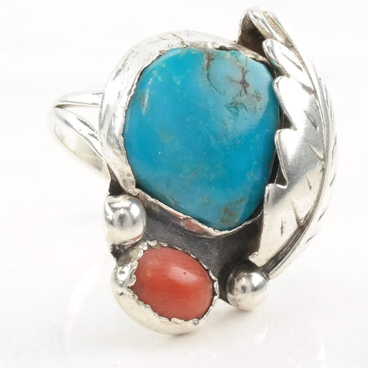 Vintage Native American Silver Ring Turquoise Coral Leaf Size 8