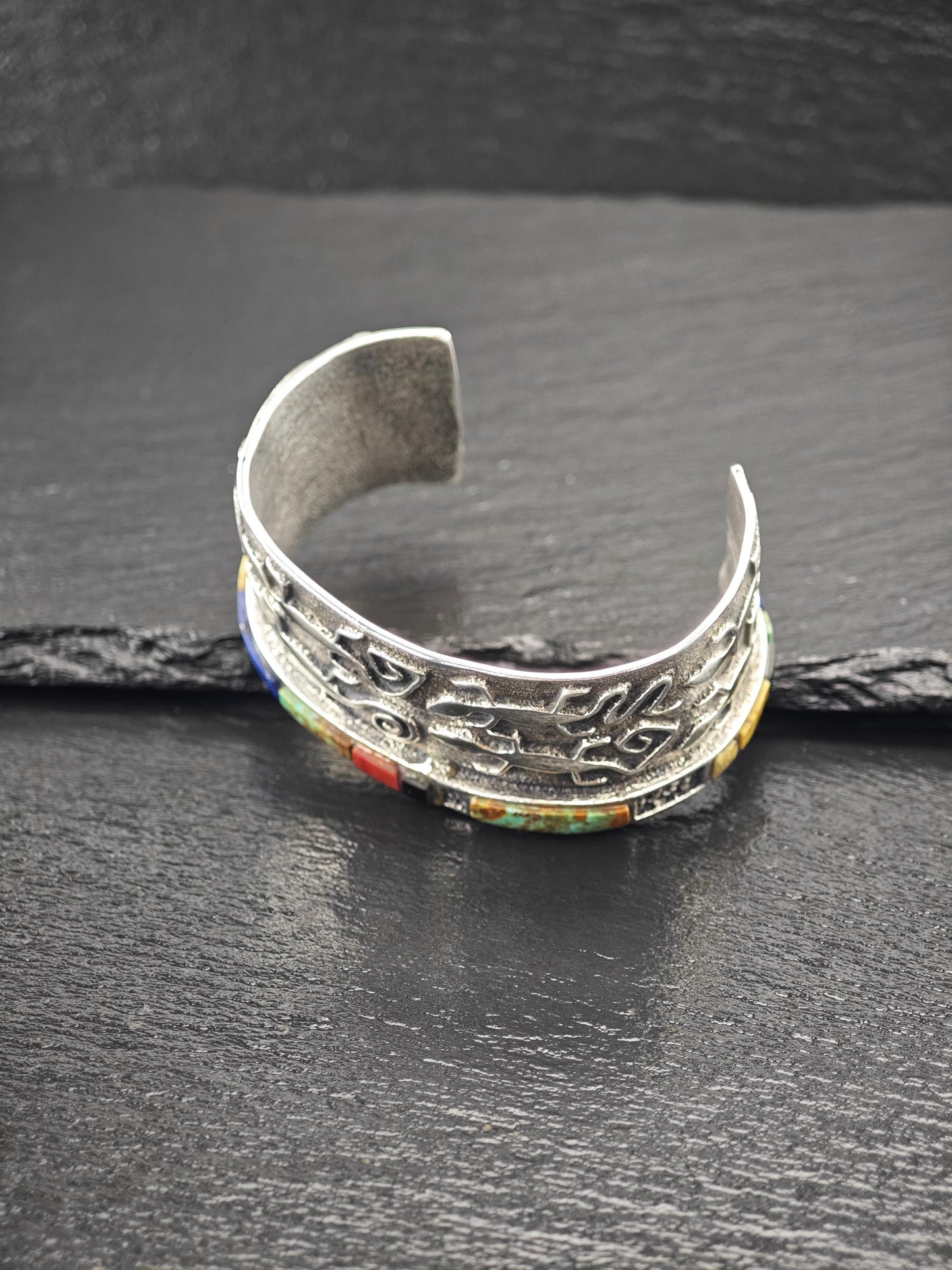 Hopi, Steve LaRance, Native American Tufa Cast Inlay, Lizard Cuff Bracelet Sterling Silver