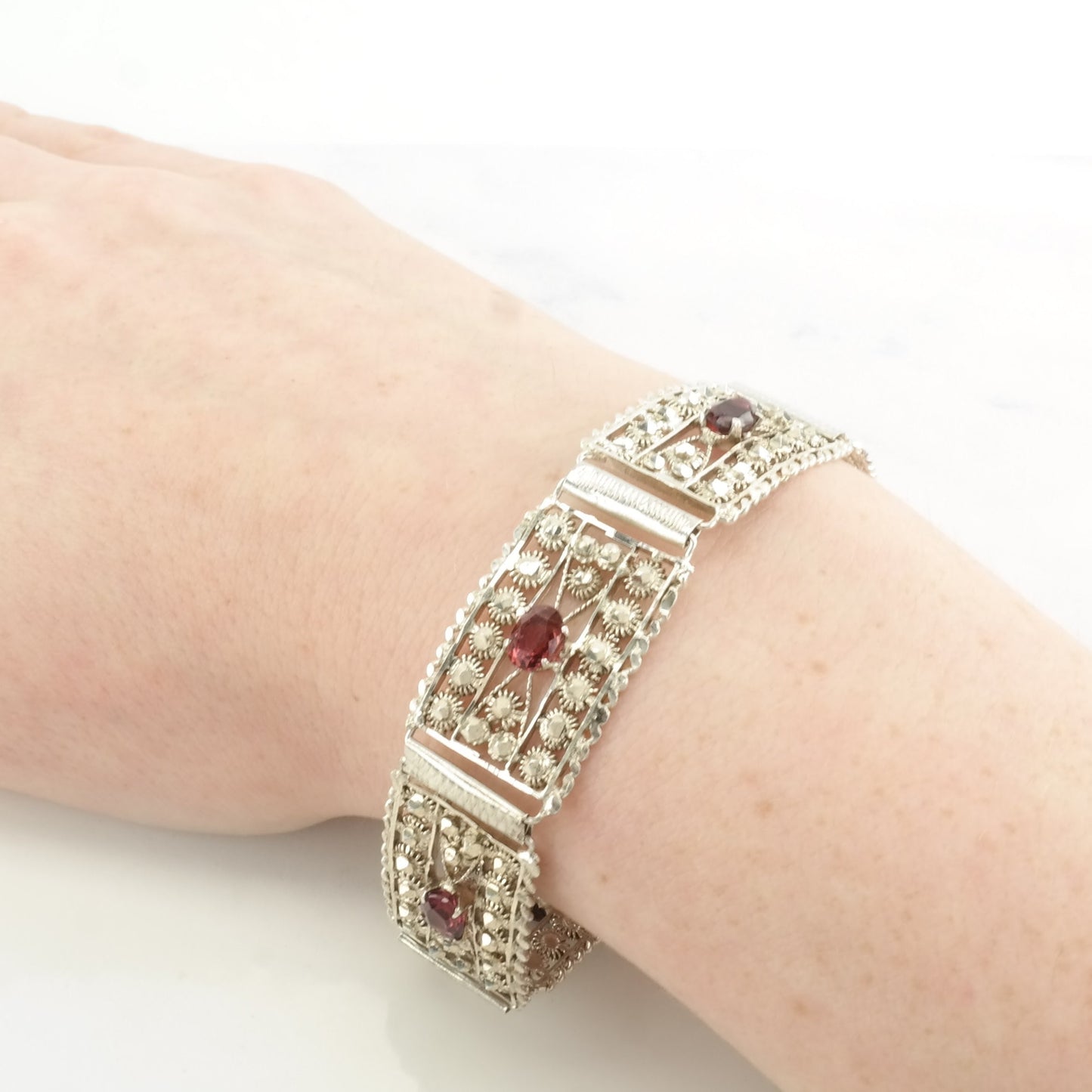 Mid Century Sterling Silver Line Bracelet Red Garnet Sunburst