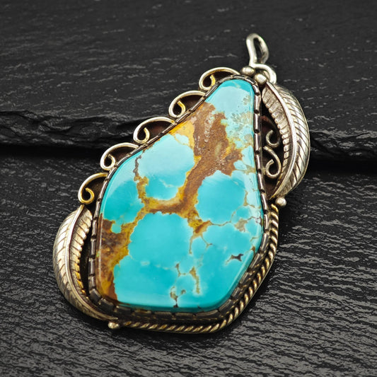 Lg Navajo Turquoise Feather Pendant Sterling Silver P2836
