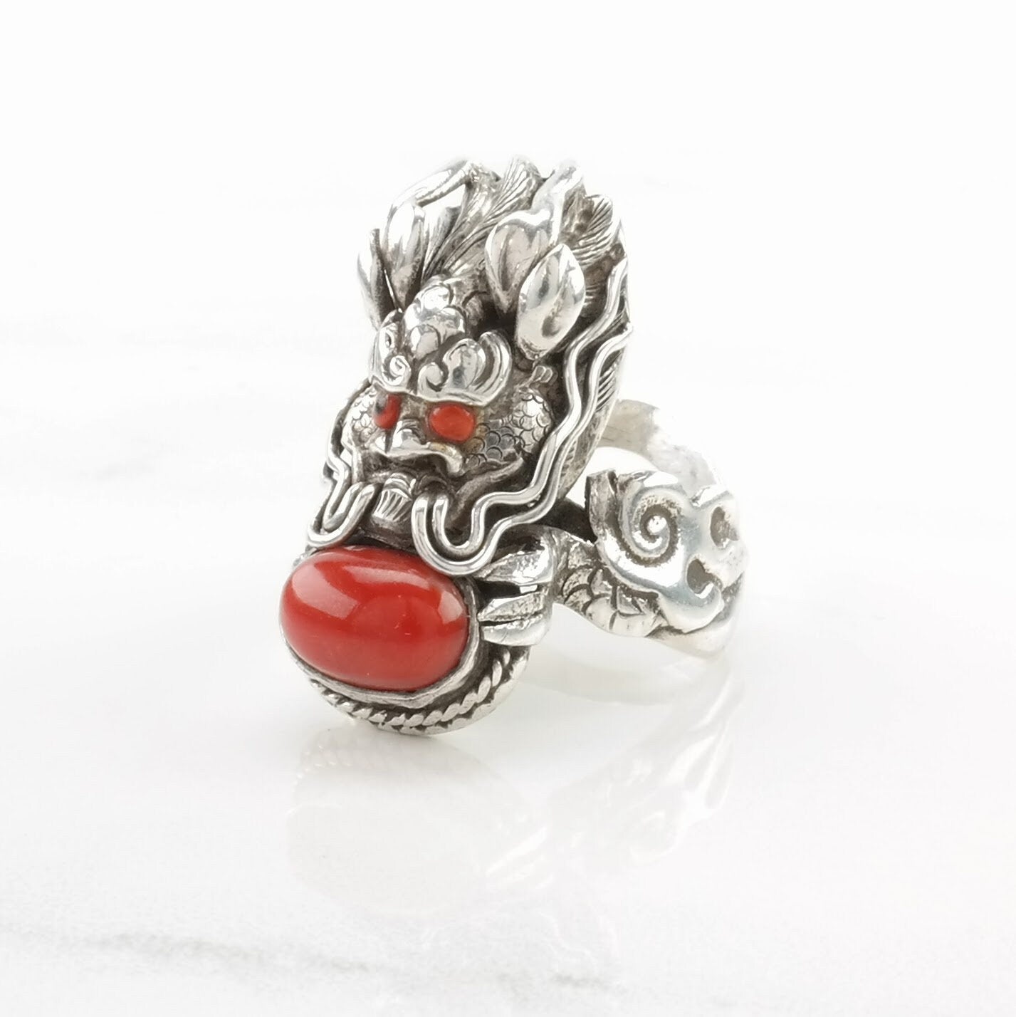 Chinese Export Silver Ring Coral Dragon Sterling Red Size 6 3/4