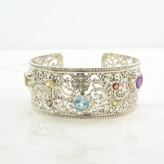 Samuel B Sterling Silver Cuff Bracelet Topaz, Garnet, Amethyst Open Filigree