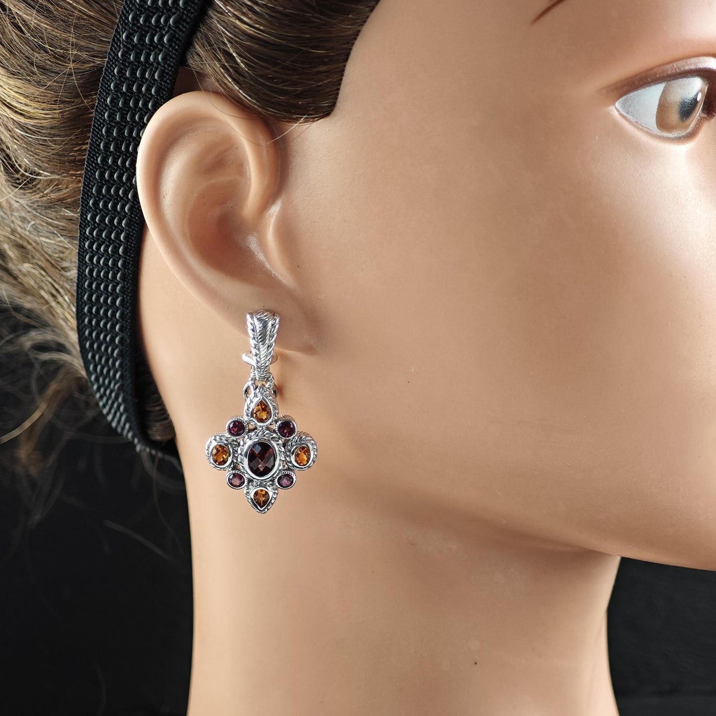 Judith Ripka Garnet Citrine Floral Sterling Silver Omega Back Earrings