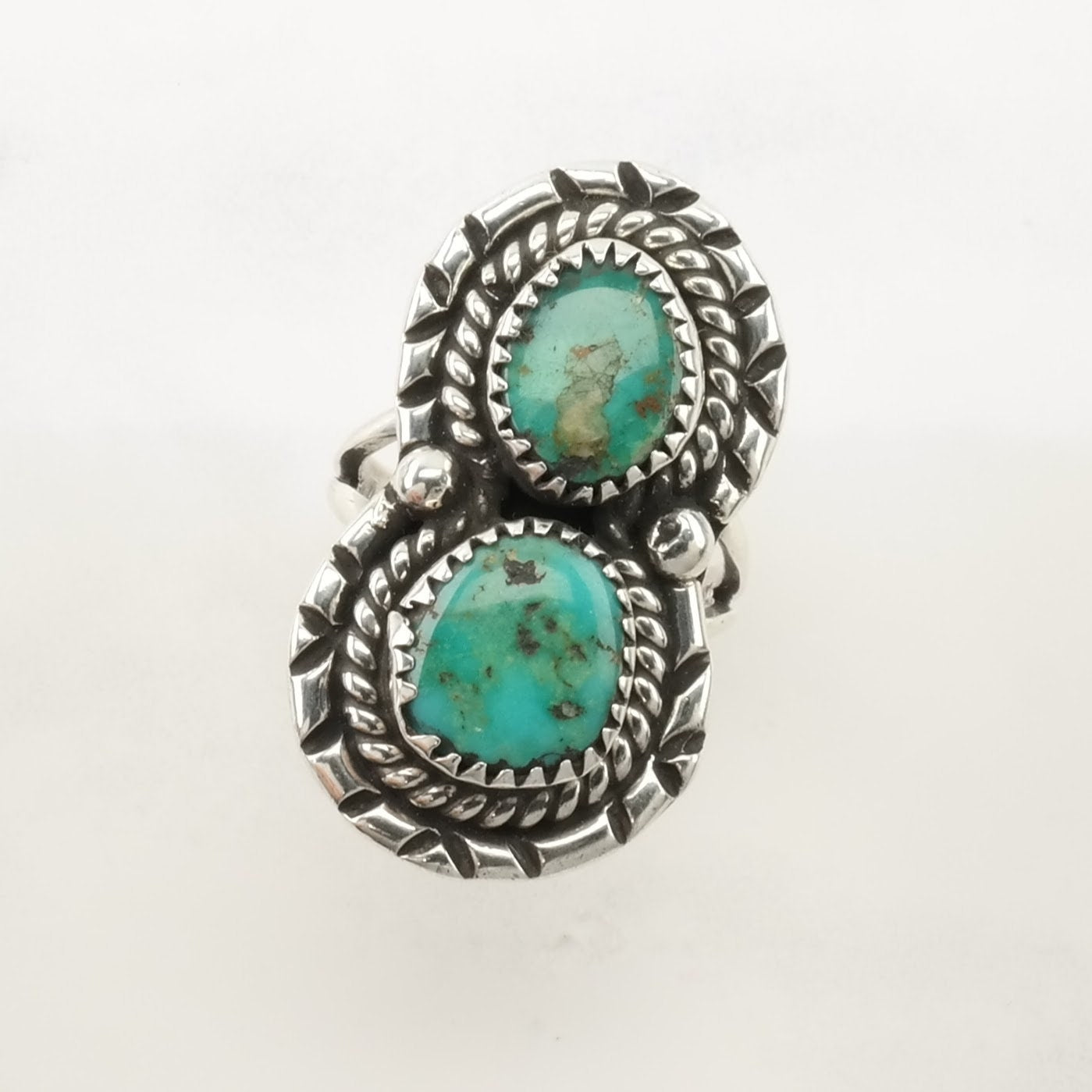 Native American Silver Ring Turquoise Two Stone Sterling Blue Size 6 1/2