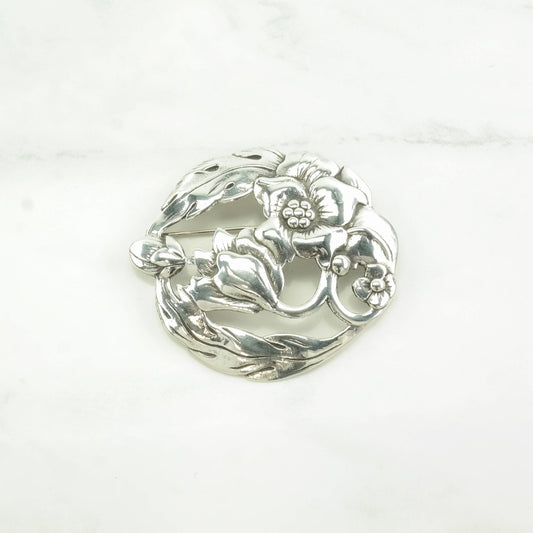 Art Nouveau Style Sterling Silver Brooch Floral