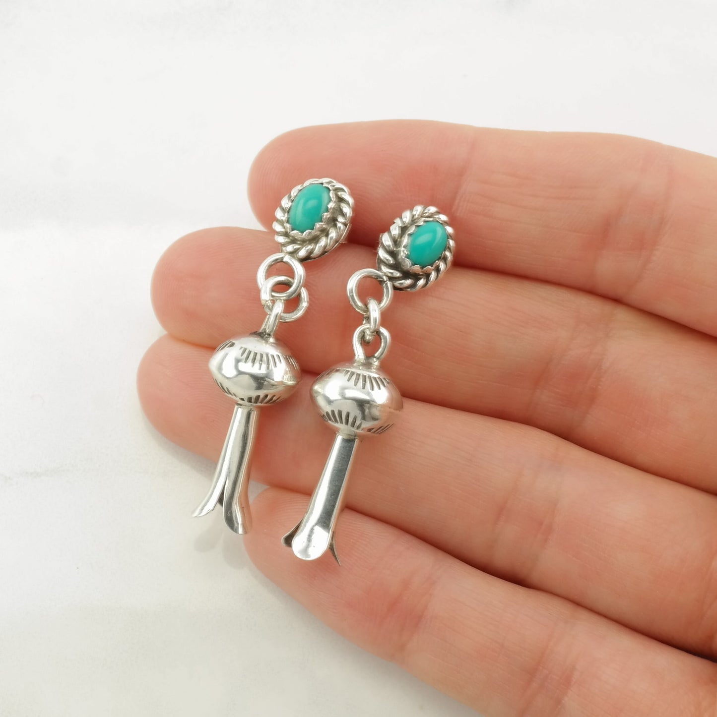 Native American Sterling Silver Turquoise Blossom Earrings Stud Dangle