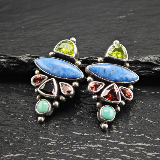 Vintage Navajo, Native American Multistone Sterling Silver Earrings ER3108