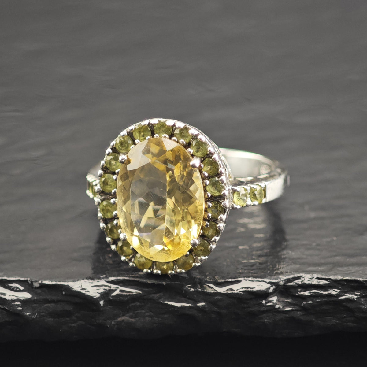 Oval Citrine, Peridot Sterling Silver Ring Sz 9 R6746