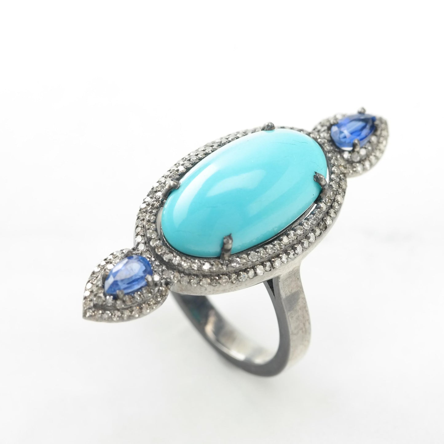 Oxidized Silver Sapphire Diamond Ring Block Turquoise Sterling Sz7 R5476