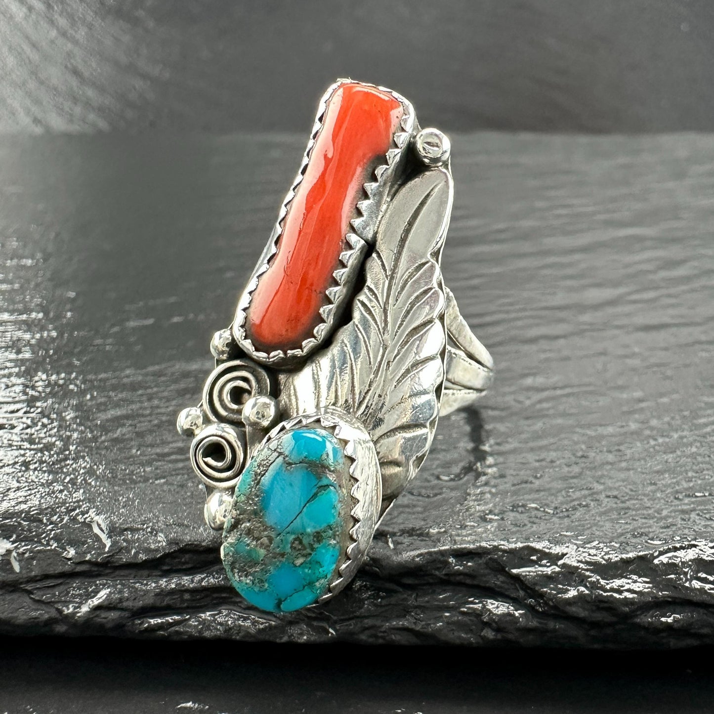 Turquoise Coral Floral Ring Sterling Silver Size 6 1/2 R5829