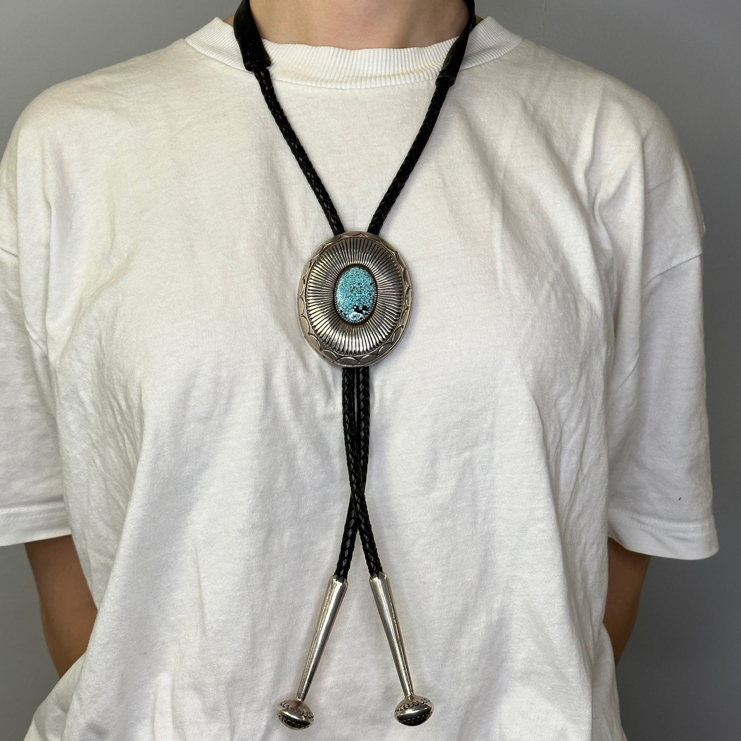 Vintage Sterling Silver Blue Turquoise Spiderweb, Indian Mountain Bolo Tie Necklace