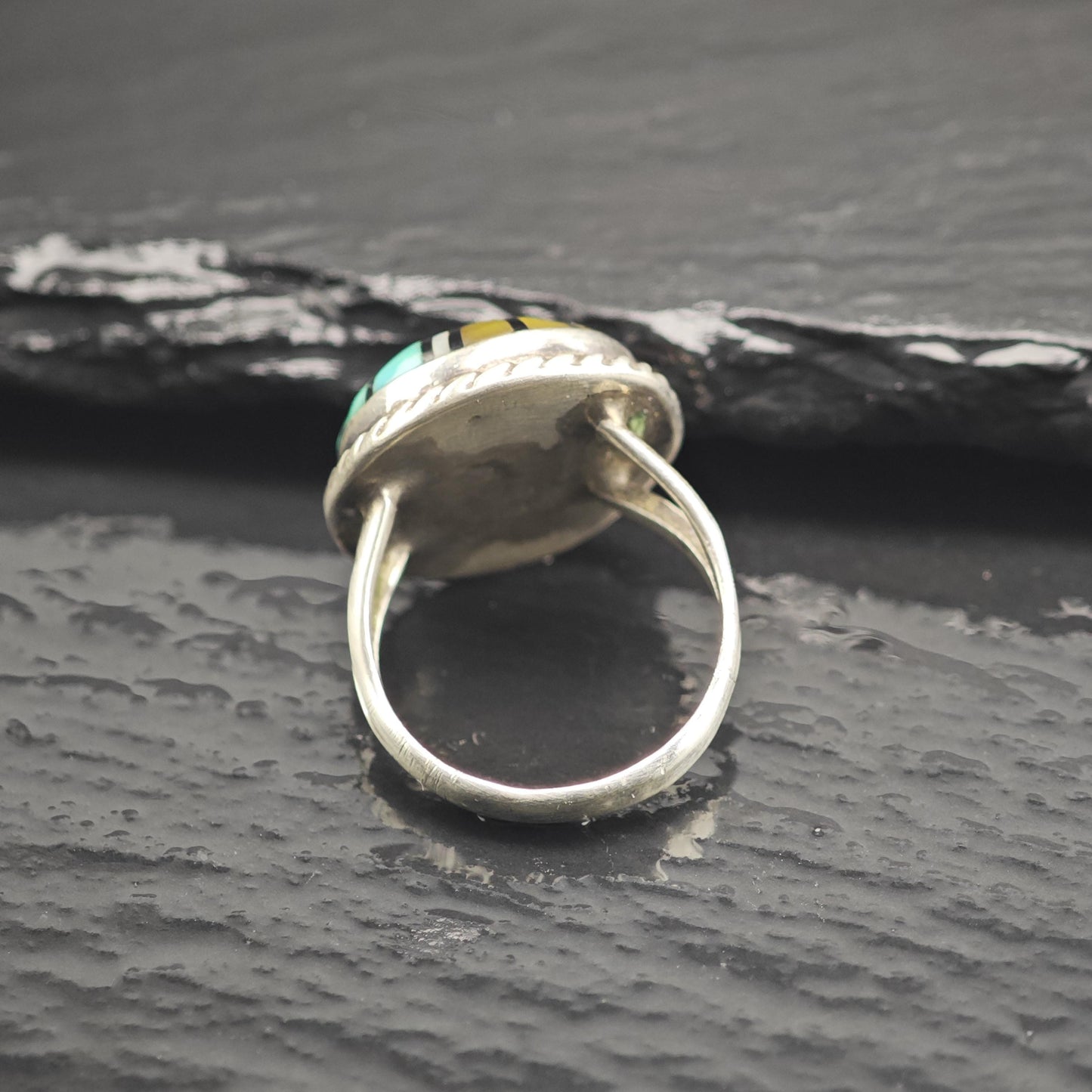 Zuni Inlay Sunface Sterling Silver Ring by Angela Lahty Sz 7 R6671