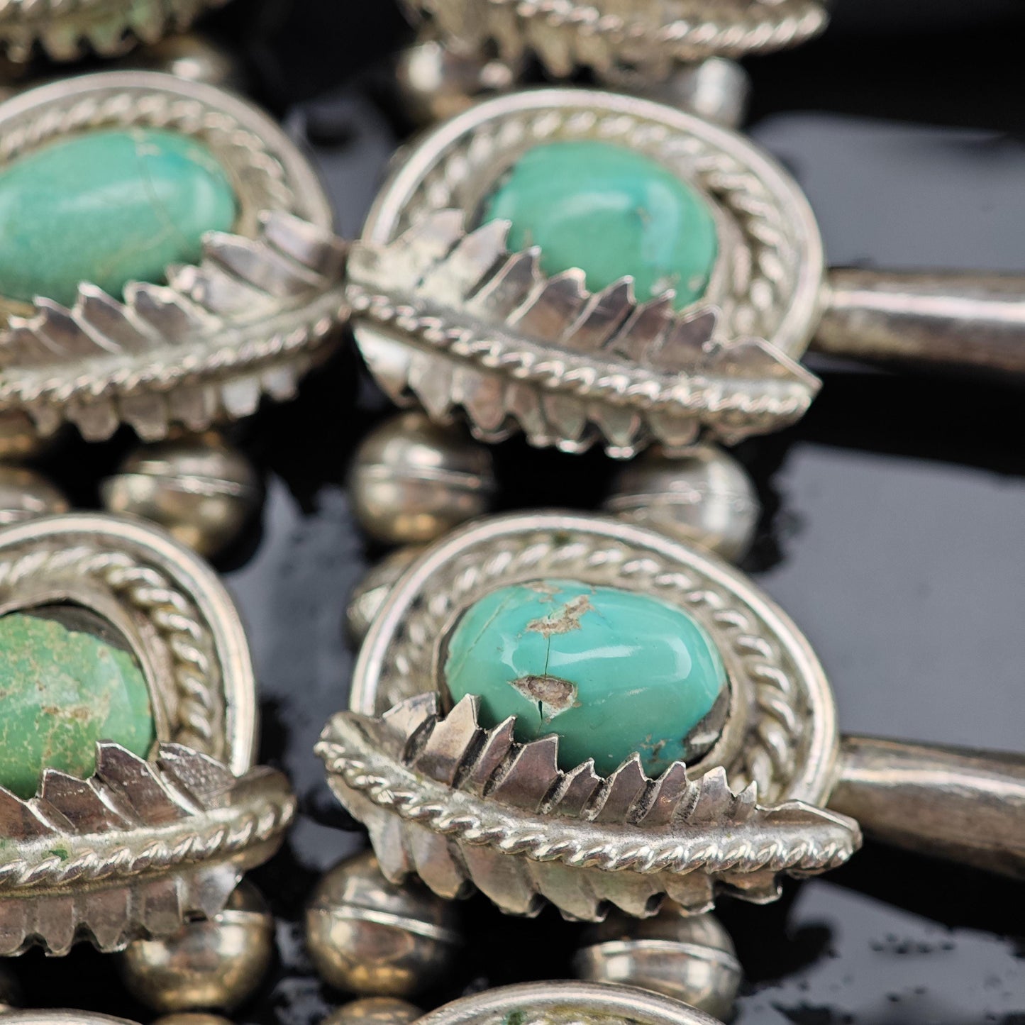 Vintage Native American Morenci Turquoise Sterling Silver Squash Blossom Necklace N2728