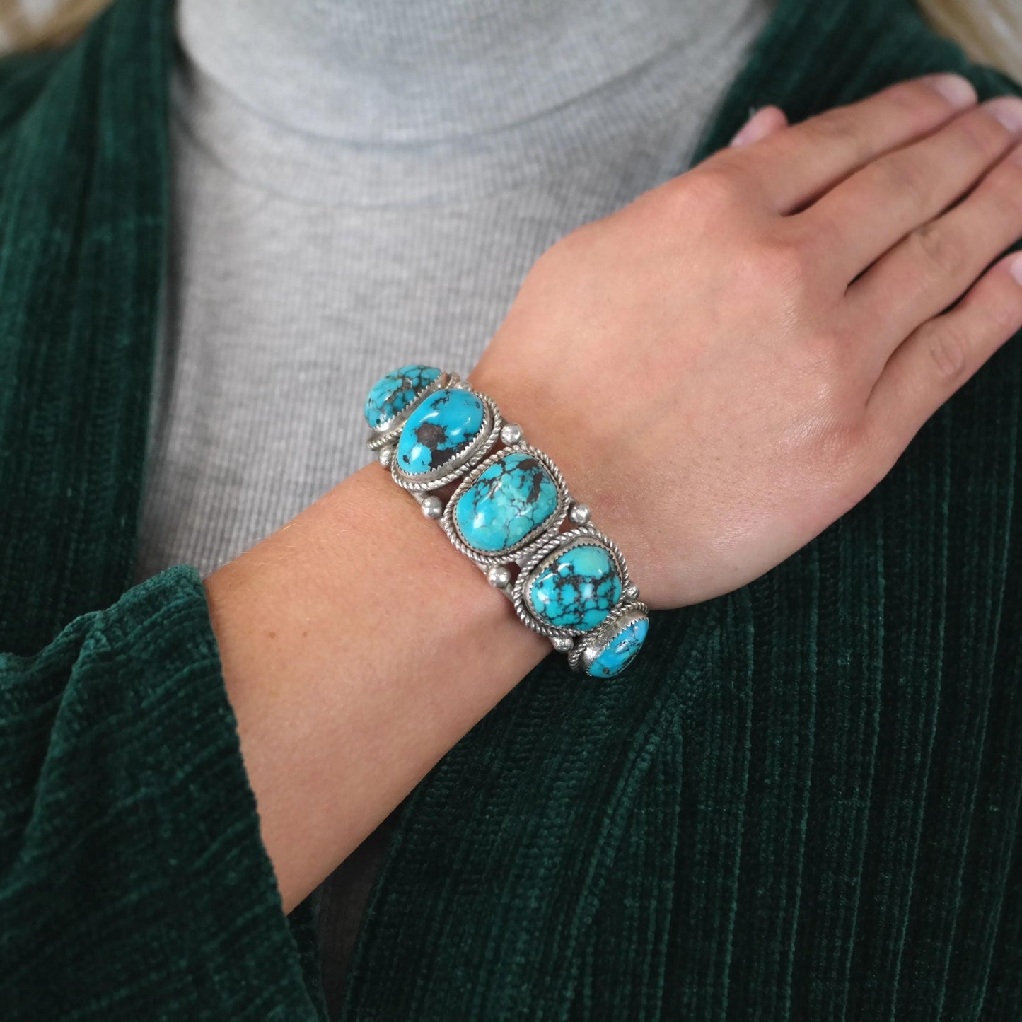 Vintage SW Six Spiderweb Turquoise Row Cuff Bracelet Sterling Silver Sz 6 1/2"