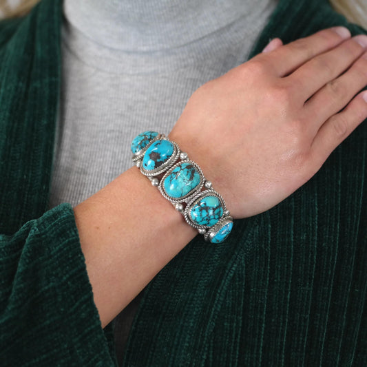 Vintage SW Six Spiderweb Turquoise Row Cuff Bracelet Sterling Silver Sz 6 1/2"