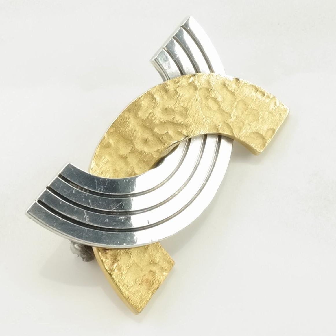 Israeli Brooch 14k Gold Sterling Silver Accent Abstract Boaz Yemeni